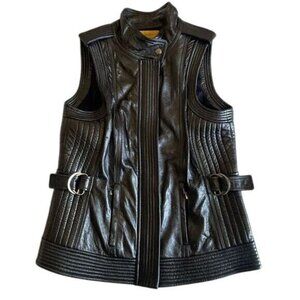 St. John Lamb Leather Vest Sleeveless Black Buckle Accents Womens Size 10